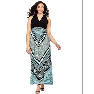 London Style Collection Woman Black Halter Maxi Dress Bohemian Print Size 14W